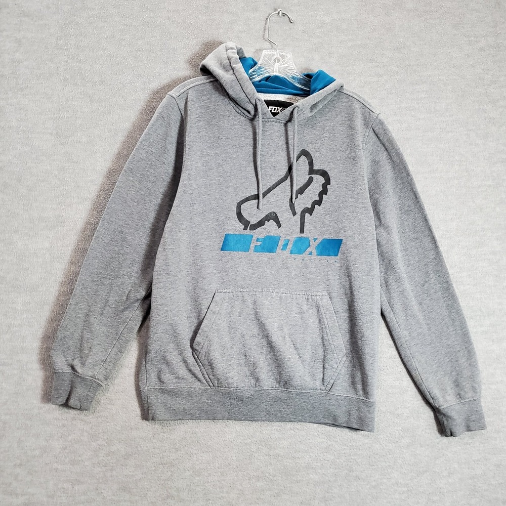 FOX Head Men Sweatshirt Small Gray Hoodie Logo Graphic Fleece Drawstring READ